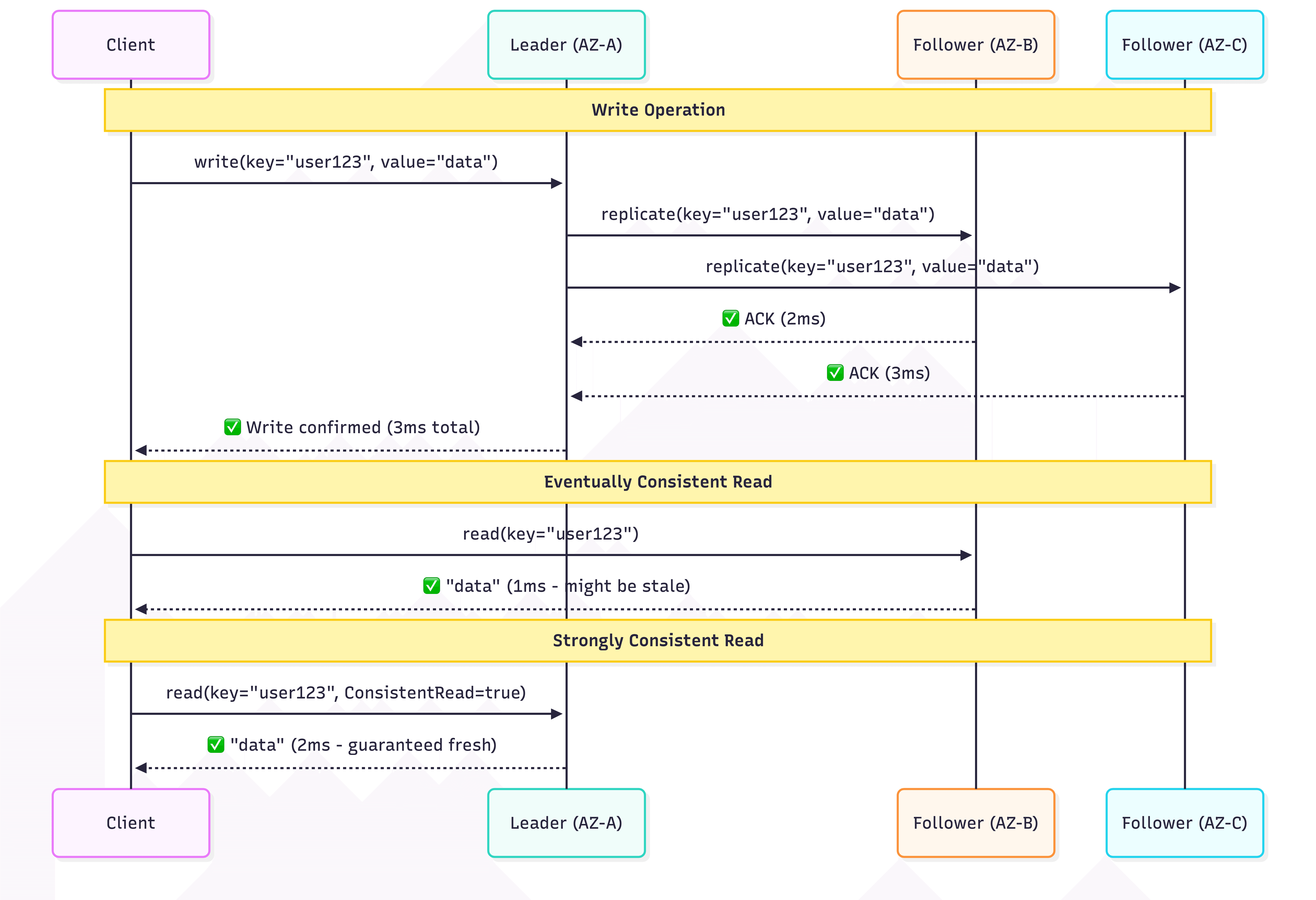 DynamoDB achieves availability through AWS infrastructure speed, not by avoiding coordination. Writes still require 2/3 quorum, but cross-AZ replication completes in milliseconds. The AP trade-off becomes clear with reads: eventually consistent reads are fast but risky, strongly consistent reads sacrifice speed for guaranteed accuracy.