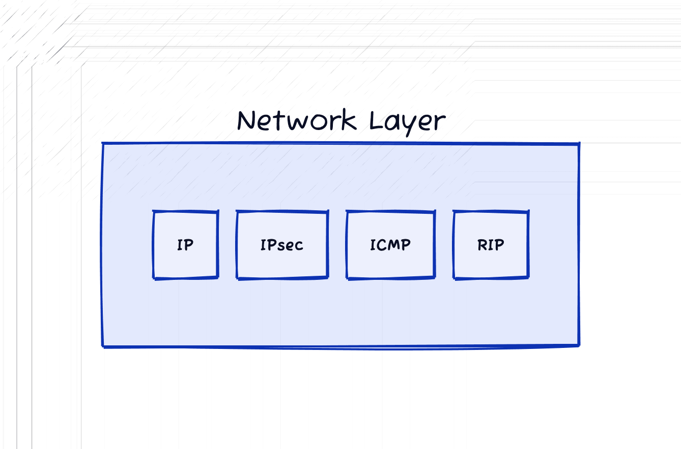 Network layer diagram containing IP, IPsec, ICMP, and RIP as example protocols.