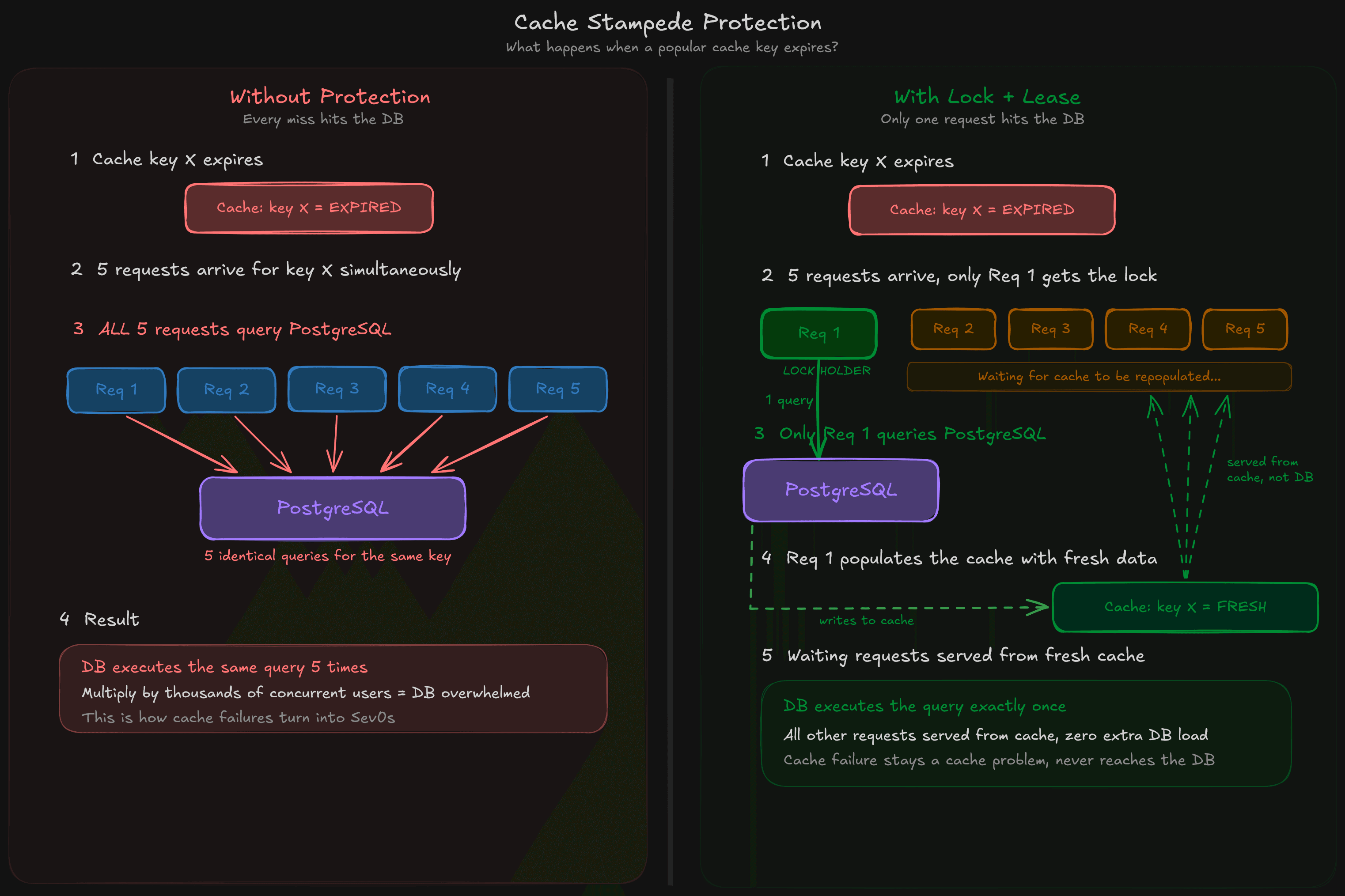 Cache stampede protection via lock-based request coalescing. Without protection (left), a cache miss for a given key sends N duplicate queries to PostgreSQL simultaneously. With protection (right), only one request acquires a lock and fetches from the database, while all other requests for the same key wait for the cache to be repopulated. The database gets hit once regardless of how many concurrent requests arrive.