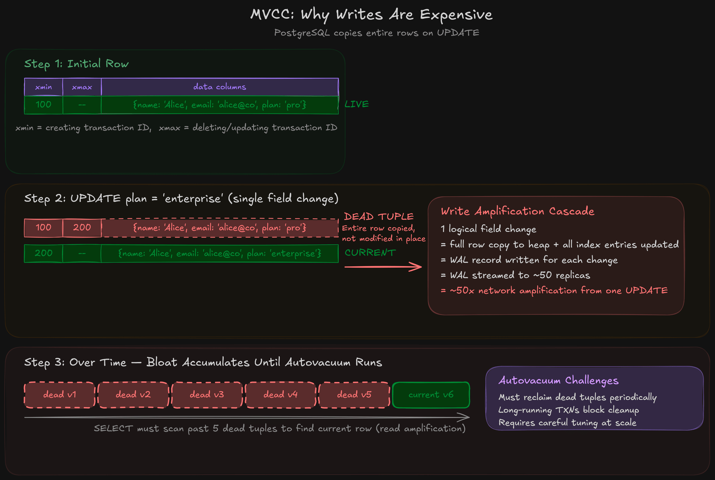 How PostgreSQL's MVCC creates dead tuples. Updating a single field doesn't modify the row in place. Instead, PostgreSQL copies the entire row, marks the old version as dead, and leaves it for autovacuum to clean up. At OpenAI's scale, each write cascades: one logical change produces a full row copy, a WAL record, and ~50x network amplification as that WAL streams to every replica.