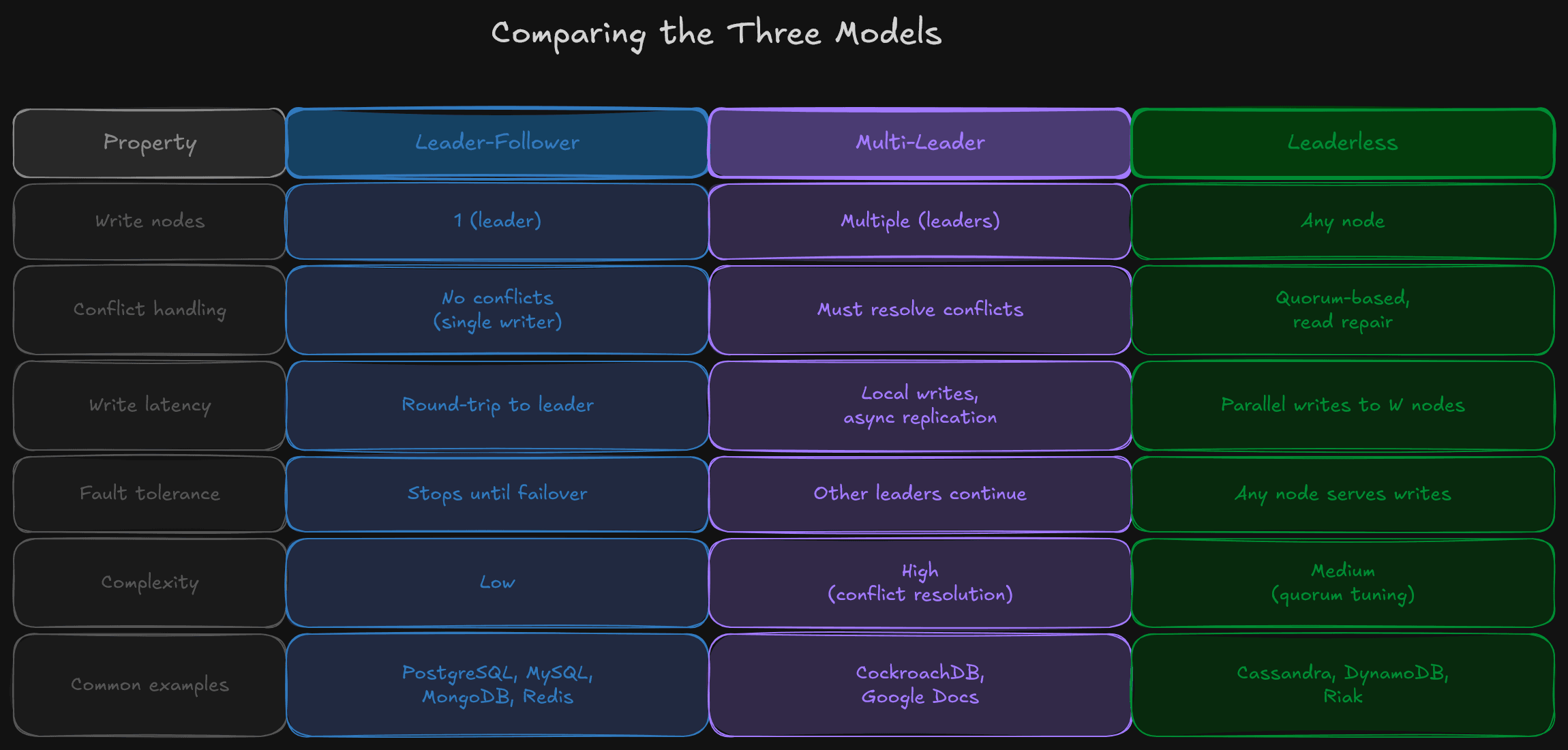Comparison table: leader-follower uses one write leader, multi-leader accepts regional writes but requires conflict resolution, and leaderless replication coordinates reads and writes through quorums.
