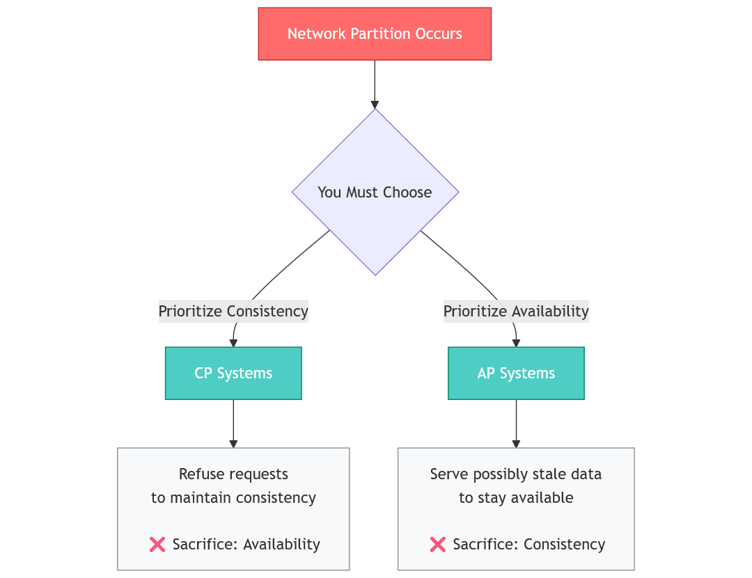 During a network partition, a system must either prioritize consistency and refuse requests or prioritize availability and serve potentially stale data.