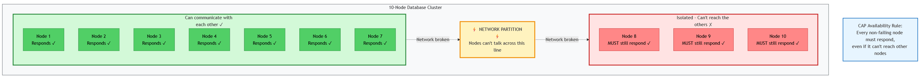 A ten-node cluster split by a network partition. Six connected nodes and four isolated nodes must all continue answering requests for the system to meet CAP's definition of availability.